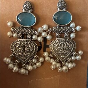 Elegant Silver and Pearl Earrings with Aqua stone and Birds